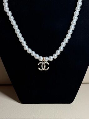 CC Lettered White Pearl Necklace with Gold Crystal Pendant